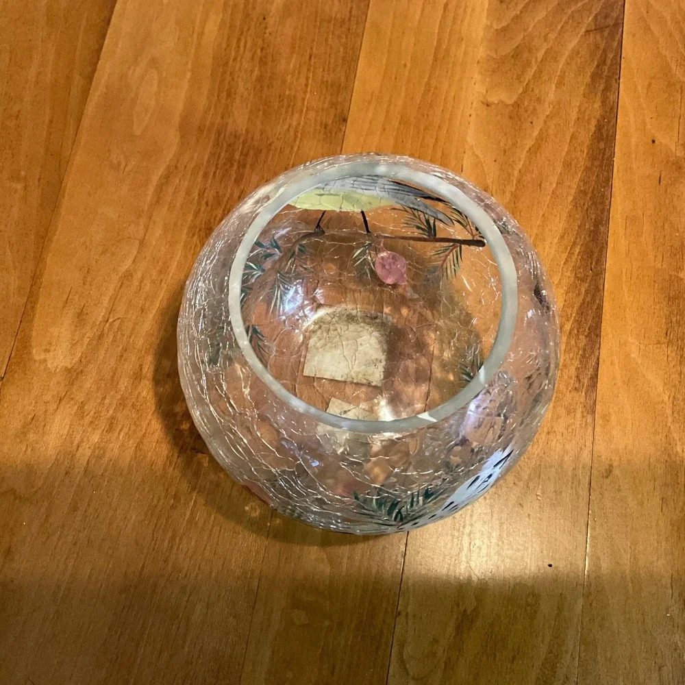 Fifth Avenue Crystal Hand Painted Crackle Glass Golden Finch‎ Candle Holder